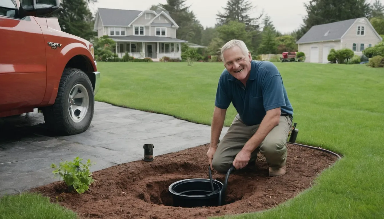Independent septic provider inspecting a residential septic tank lid in a backyard in Eatontown, with the homeowner nearby